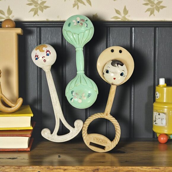 Vintage 1950s Baby Rattles Lot of 3 Plakie Plastic Nursery Toys Pastel Faces - Picture 1 of 10